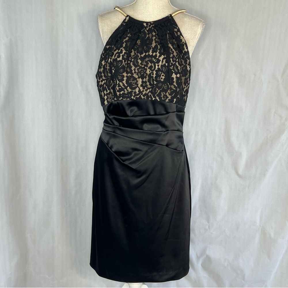 Eliza J Cocktail Dress Black Lace Bodice Satin Skirt Gold Necklace EUC 14👍